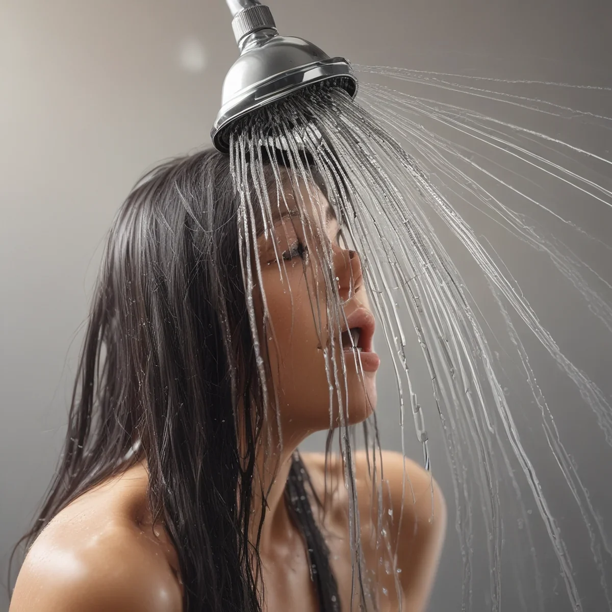 Jatos de água de um chuveiro atingindo o cabelo durante a lavagem