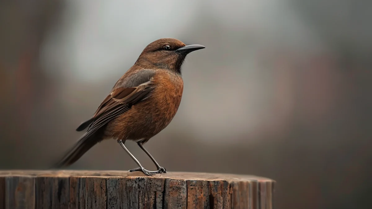 Een vogel staat op een tak, zijn bek en vleugels zijn zichtbaar.