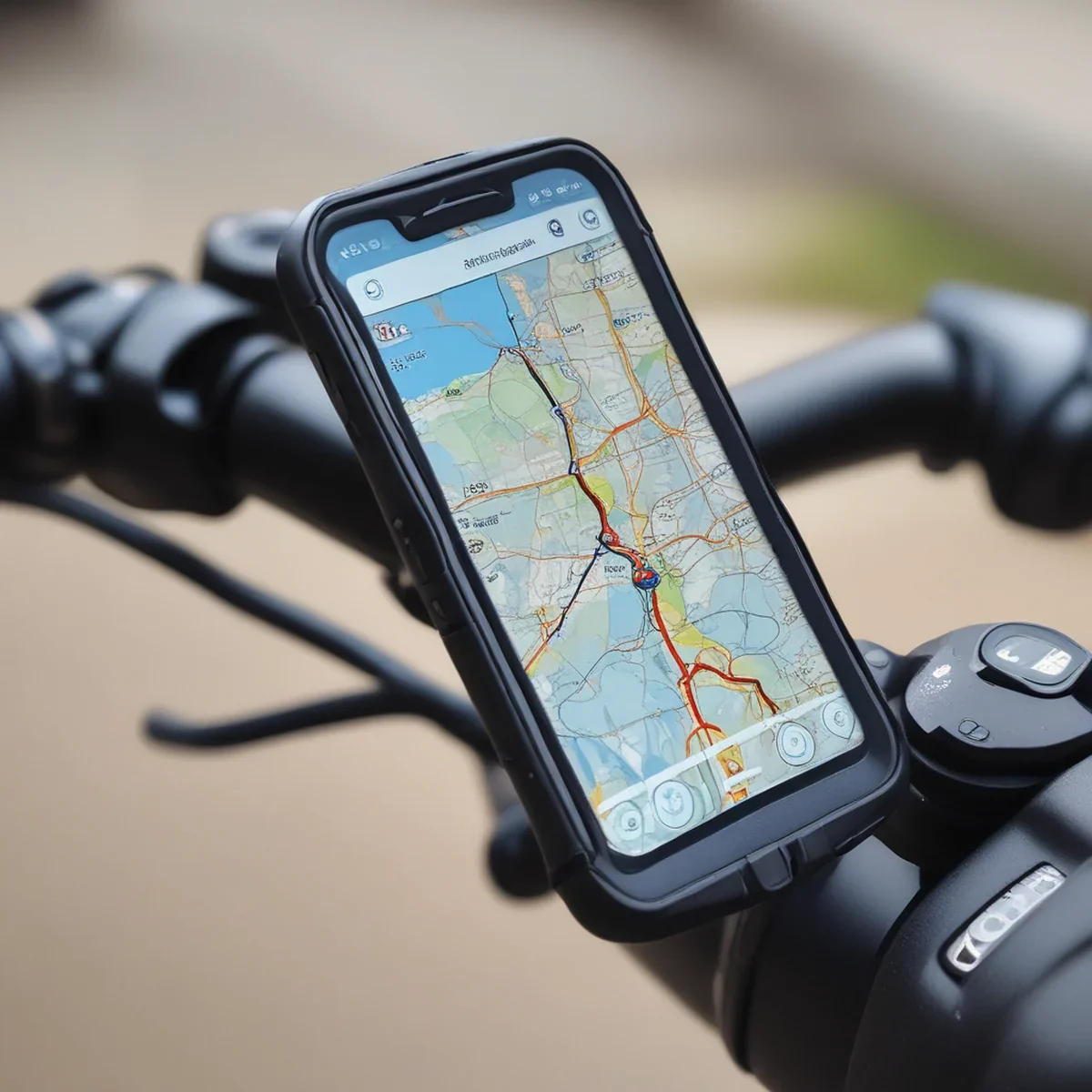 自転車のハンドルに取り付けられ、ナビゲーションマップを表示しているスマートフォン