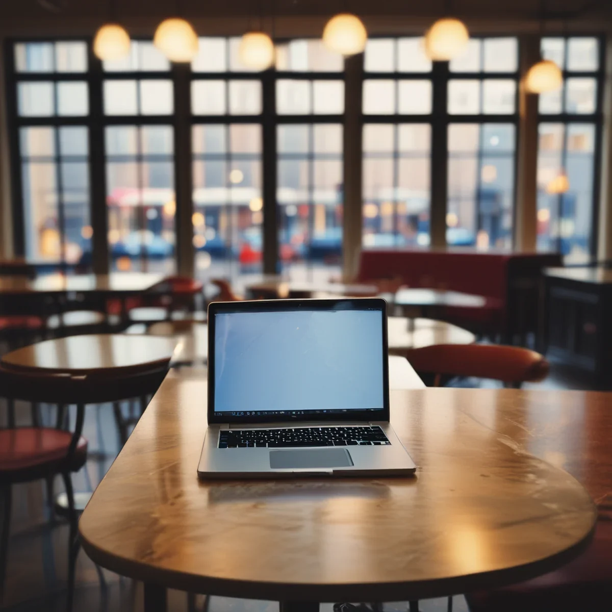Un ordinateur portable ouvert sur une petite table ronde dans un café lumineux